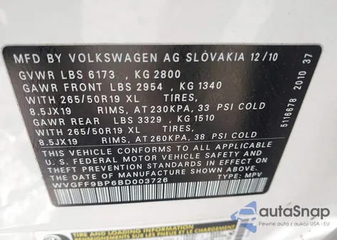 2011 Volkswagen Touareg Vr6 Lux z USA, uszkodzony, nr VIN WVGFF9BP6BD003726